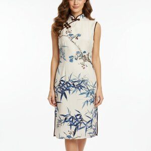JIANLIMEI CREAM BROWN FLORAL CAP SLEEVE SHEATH ASIAN DRESS